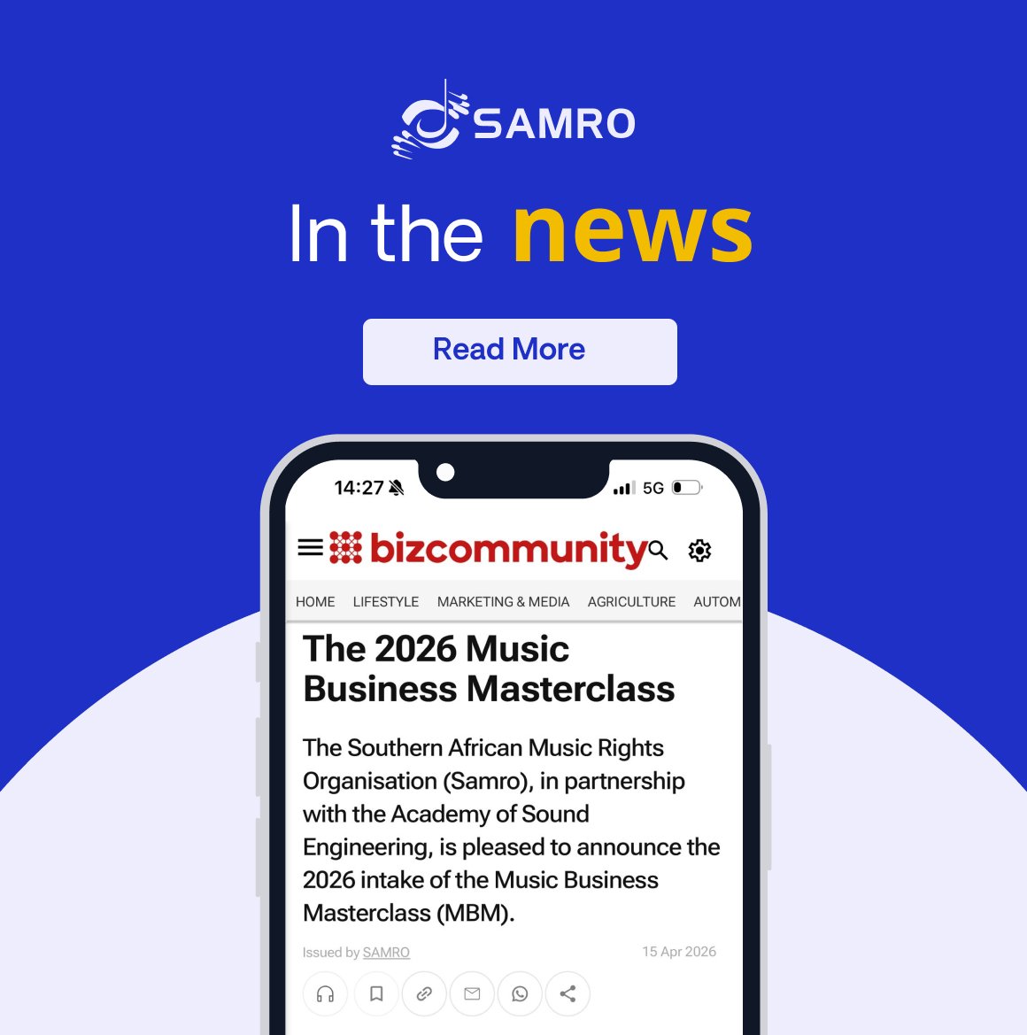 SAMROMusic's tweet image. #InTheNews:

Call for applications: The 2026 Music Business Masterclass

The Southern African Music Rights Organisation (SAMRO), in partnership with the Academy of Sound Engineering, is pleased to announce the 2026 intake of the Music Business Masterclass (MBM).

This flagship