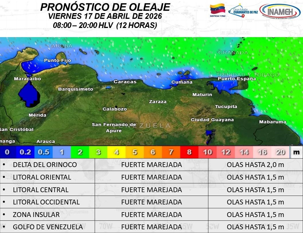 ClimaMgta's tweet photo. ⚠️🌊 #AlertaMarejada | ¡Precaución en la Zona Insular de Venezuela! #17abr

 🇻🇪 El INAMEH prevé fuerte marejada con olas de hasta 1.5 metros. 

🚨 Pescadores, embarcaciones pequeñas y turistas:
🚫 Eviten actividades acuáticas. https://t.co/fXLyqWdWz4