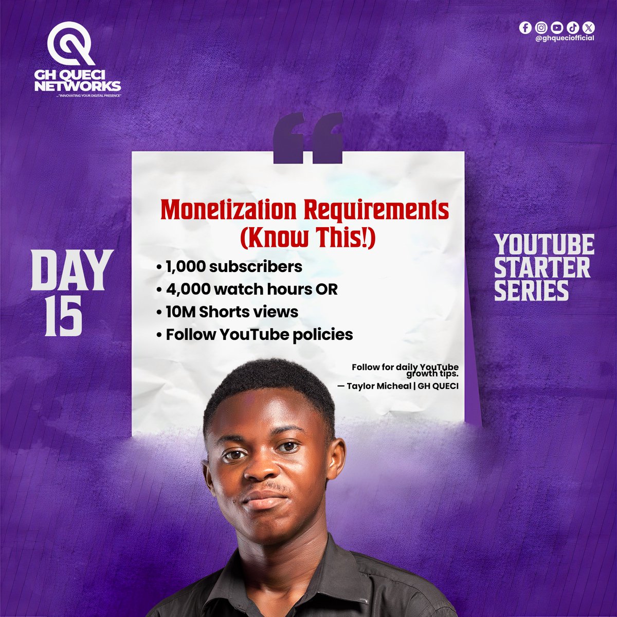 ghqueciofficial's tweet image. Want to monetize your YouTube channel?

• 1,000 subscribers
• 4,000 watch hours OR 10M Shorts views
• Follow YouTube policies

No shortcuts. Just consistency. 🚀
#YouTubeTips #ContentCreators
