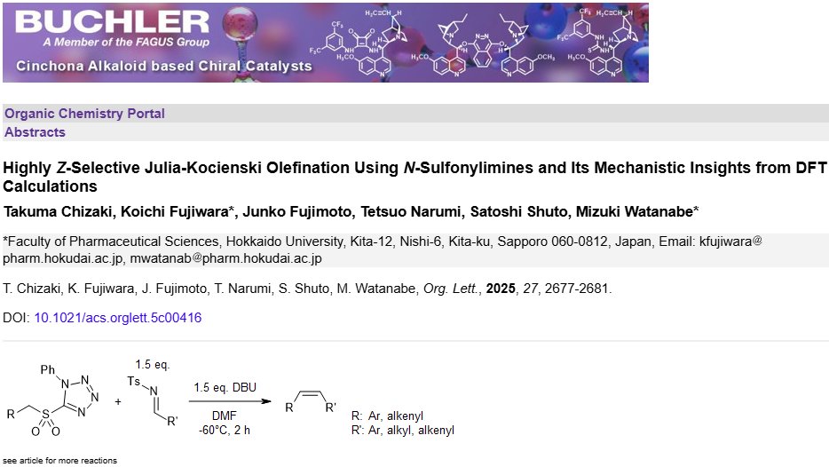 organic_portal's tweet photo. https://t.co/JyUwIAVT72
The use of N-sulfonylimines as electrophiles instead of aldehydes enables a highly Z-selective Julia-Kocienski olefination. https://t.co/7DMYTCDRtd