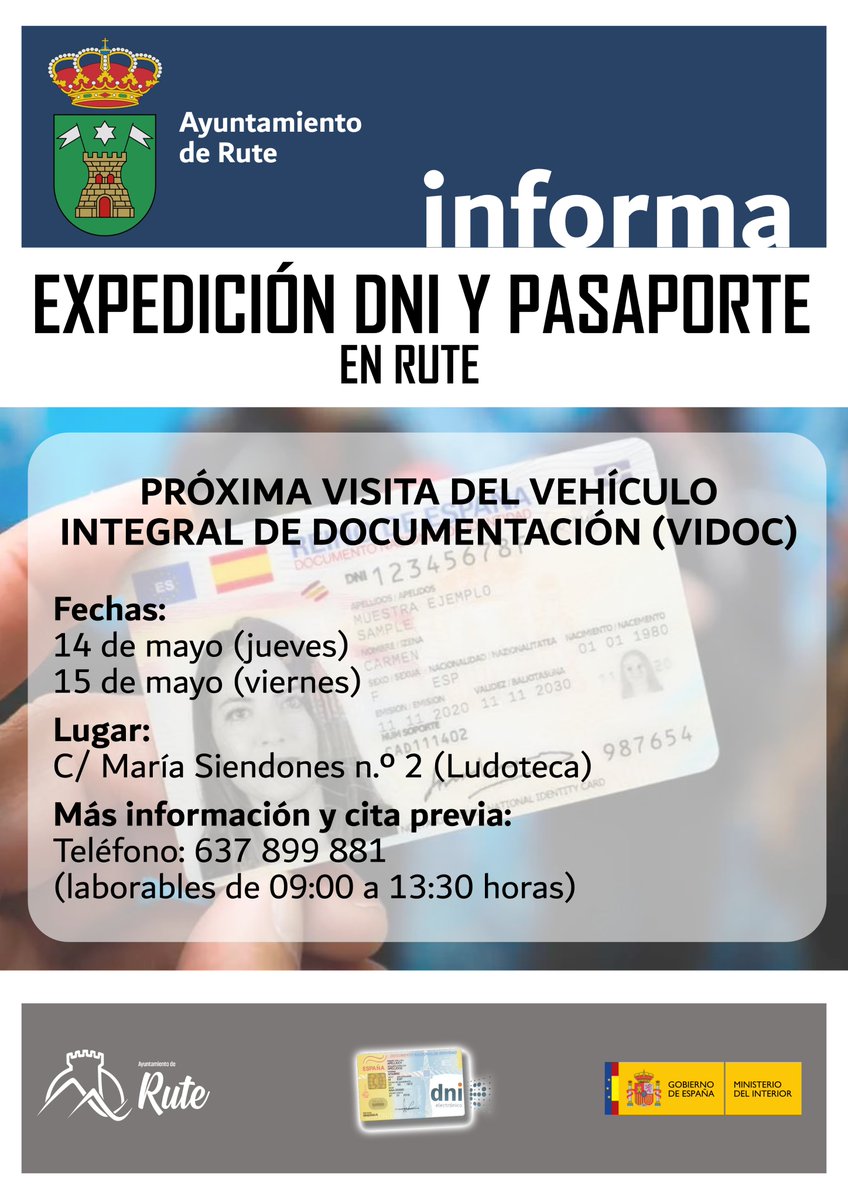 Equipo de expedición de DNI (también pasaporte) acude a Rute el próximo mes de mayo 2026.
CITAS A PARTIR DEL LUNES los días laborables telefónicamente (637 899 881). 
Se realizará en C.C. Rafael Martínez Simancas (C/. María Siendones, 2)
EXPEDICIÓN: jueves 14 y viernes 15 de mayo