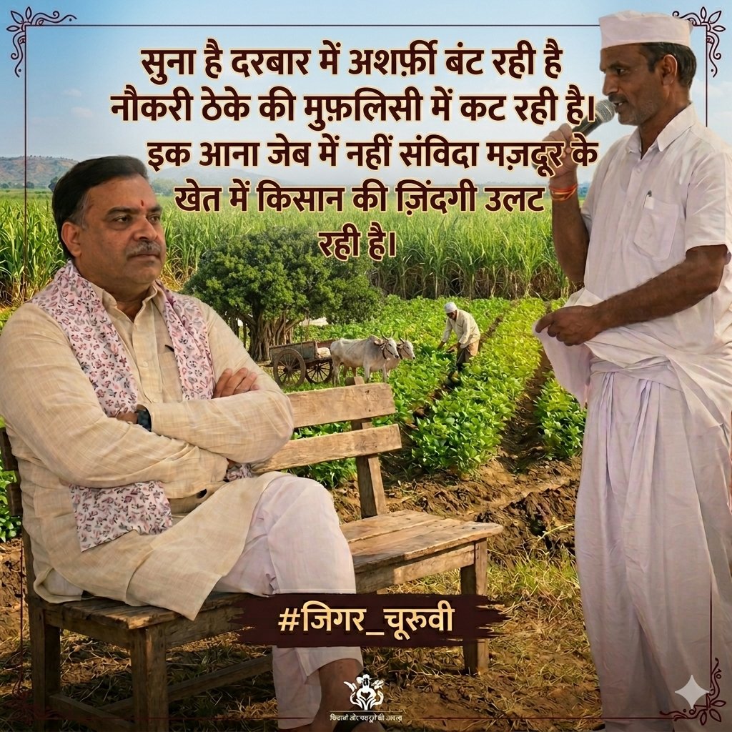 ThakurShamasher's tweet photo. क़ता - कट रही है।
​सुना है दरबार में अशर्फ़ी बंट रही है
नौकरी ठेके की मुफ़लिसी में कट रही है।
इक आना जेब में नहीं संविदा मज़दूर के
खेत में किसान की ज़िंदगी उलट रही है।
#जिगर_चूरूवी 
#संविदा #निविदा #ठेकाकर्मी 
@BhajanlalBjp @RajCMO @ashokgehlot51 @1stIndiaNews @rpbreakingnews https://t.co/LU6Zt6YBp4