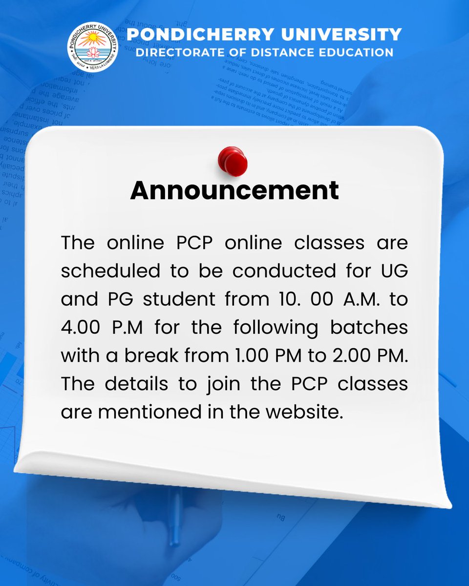 PCP online classes for UG and PG students are now scheduled. Visit the website for more information.

🗓️ Starts from April 19, 2026
⏰ 10 AM – 4 PM (with a break in between)
📍 Google Meet

#PondicherryUniversity #DistanceEducation #Pondicherry