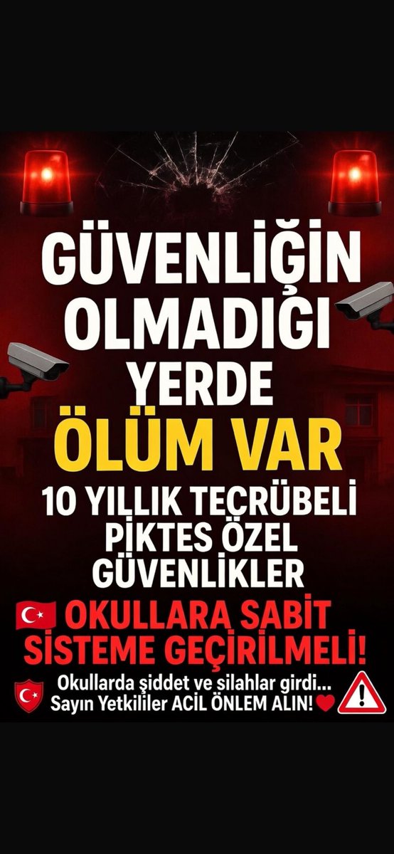 <a href="/ulketv/">ÜLKE TV</a> #Piktes
<a href="/RTErdogan/">Recep Tayyip Erdoğan</a>
<a href="/Yusuf__Tekin/">Yusuf Tekin</a>
<a href="/mustafaciftcitr/">Mustafa ÇİFTÇİ</a>
<a href="/memetsimsek/">Mehmet Simsek</a>
<a href="/isikhanvedat/">Prof. Dr. Vedat Işıkhan</a>
🛑 🛑🛑
👉OKULLAR
SAVAŞ ALANINA DÖNDÜ 

👉10 YILLIK TECRÜBELİ 

👉 PİKTES ÖZEL GÜVENLİK OKULLARDAN ÇIKARTILDI

🚨ÇIKARTILMAYA DEVAM EDİLİYOR🚨

🛑ÖĞRETMEN ÖLÜYOR
🛑ÖĞRENCİ ÖLÜYOR 
🛑GELECEK YOK OLUYOR