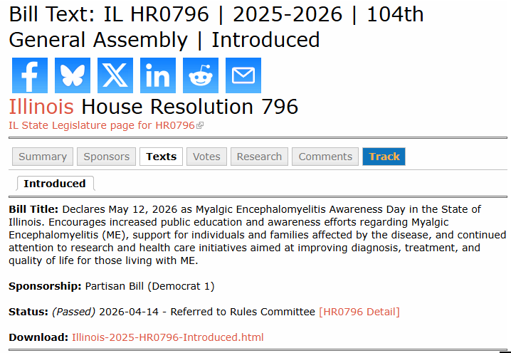 TomKindlon's tweet image. State of Illinois declares May 12, 2026 as ME Awareness Day.

Motions were passed in both the House and Senate.

legiscan.com/IL/text/HR0796…

legiscan.com/IL/text/SR0667…

#MEcfs #PwME

1/