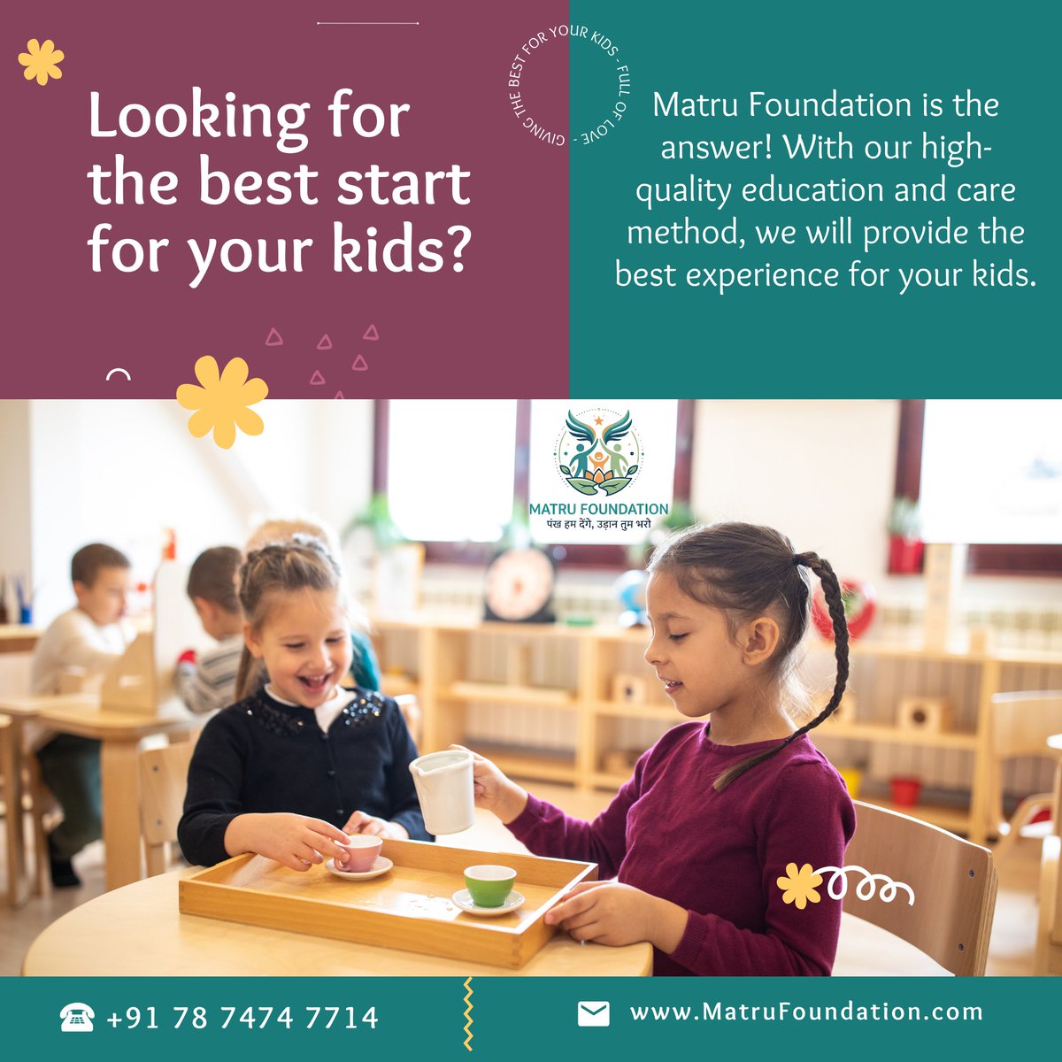MatruFoundation's tweet image. 🌱 Looking for the best start for your kids?

पंख हम देंगे, उड़ान तुम भरो

#MatruFoundation #ChildDevelopment #EarlyLearning #KidsEducation #Parenting #FutureStartsHere #LearningThroughPlay #ChildCare #EducationMatters #HolisticDevelopment #IndiaEducation #EmpowerChildren