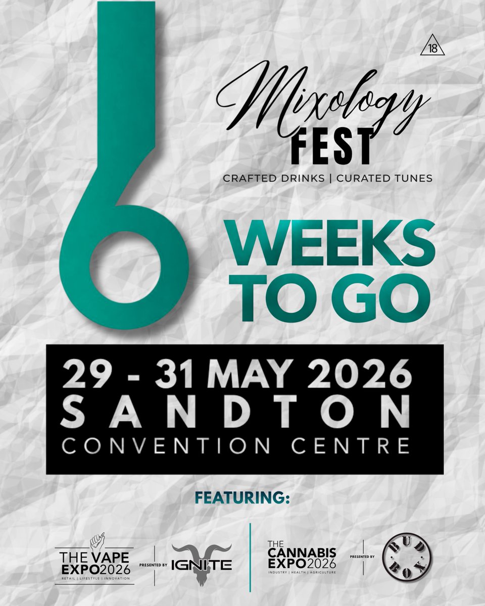 Mixology_Fest's tweet photo. 6 weeks to go!

Crafted drinks. Curated tunes. Moments you’ll be talking about long after last call.

29–31 May
Sandton Convention Centre

Part of the Expo Weekend, featuring:
The Cannabis Expo
The Vape Expo 

Tickets available:
https://t.co/HLAR8Vkl0P https://t.co/lXH4NdC6ZA
