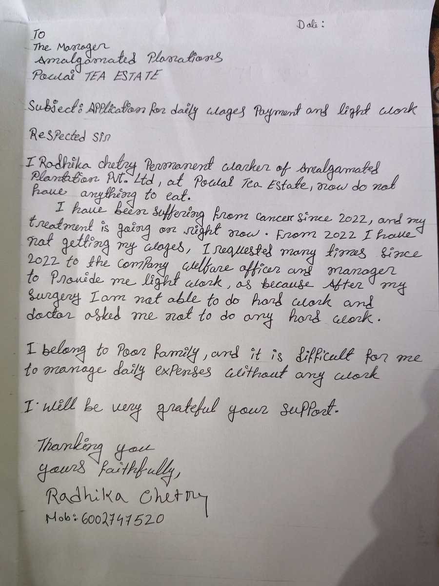 CHETRYAMRIT's tweet photo. @APlantations 
@TataCompanies 
@LWD_Assam
@LabourMinistry 
@himantabiswa 
@phukan_suren 
@PMOIndia
Urgent
Attempted Suicide 2nd times
Tata Group is doing wrong to sister 
She’s a cancer patient &amp; permanent worker – but no wedge since 2022. No food, helpless. Need urgent help https://t.co/ogNXA4W08H