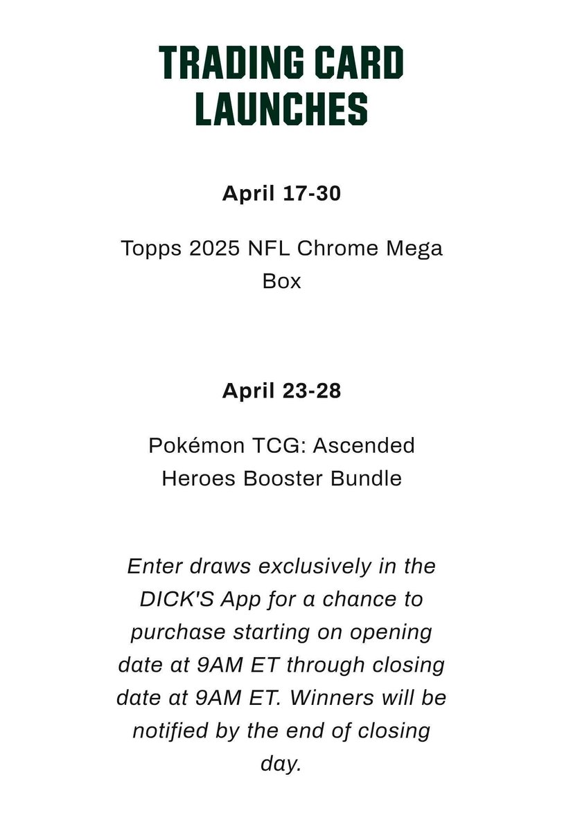 PokemonFindr's tweet image. 🔥 Ascended Heroes Booster Bundle &amp;amp; 2025 Topps Chrome Football Mega Draws Coming Soon to Dick's Sporting Goods!

Raffle Dates
April 17-30 - 2025 Topps Chrome Football Mega
April 23-28 Ascended Heroes Booster Bundle

#Topps #Pokemon