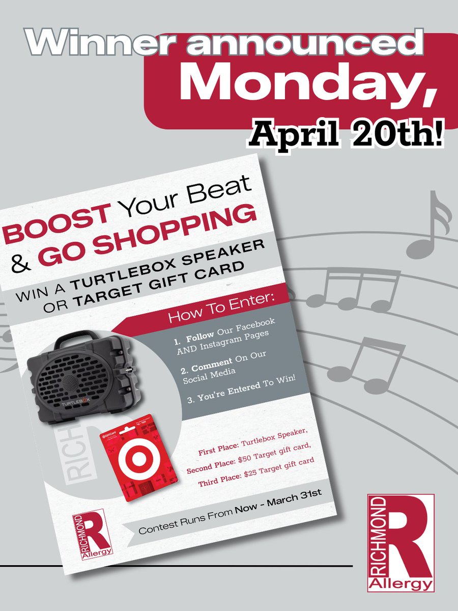 RichmondAllergy's tweet image. 📢 Contest update

📲 Be sure to check our social media this Monday, April 20 as we announce the winner of our 𝘉𝘰𝘰𝘴𝘵 𝘠𝘰𝘶𝘳 𝘉𝘦𝘢𝘵 &amp;amp; 𝘎𝘰 𝘚𝘩𝘰𝘱𝘱𝘪𝘯𝘨 contest! 🎶🛍️

#RichmondAllergy #RichmondVA #RVA #Asthma #Allergist