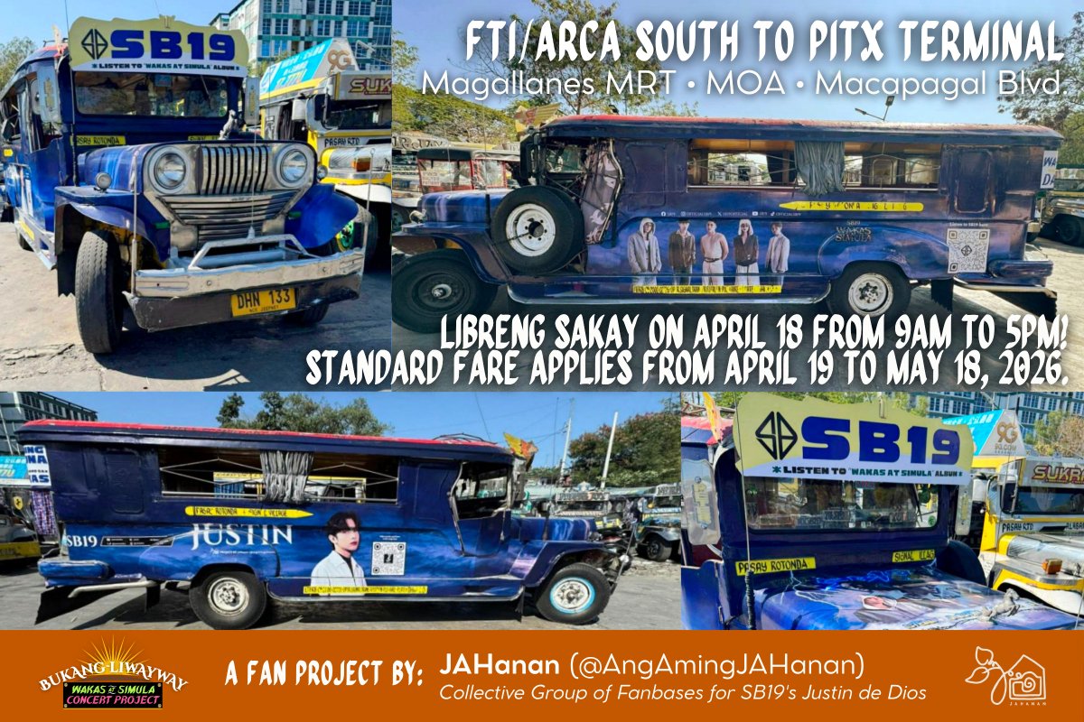 AngAmingJAHanan's tweet photo. BUKAS NA, MGA MAIS AT A'TIN! 😭 Our blue jeepney will start its journey at 9AM at FTI-Arca South this Saturday! 📢

It will travel along its route more or less five times throughout the day, offering LIBRENG SAKAY to concertgoers and commuters just on the day of the WAS Concert! If you don't see it tomorrow, don't fret cos you still have a chance to catch it until May 18 (standard fare applies). 💙

Maraming salamat sa pagsubaybay sa #BiyahengBukangLiwayway! 🌅

P.S. For Fanzone & concertgoers, stay tuned for more updates about our green jeepney! 😉💚

@justintdedios #SB19_JUSTIN
@SB19Official #SB19 #justin