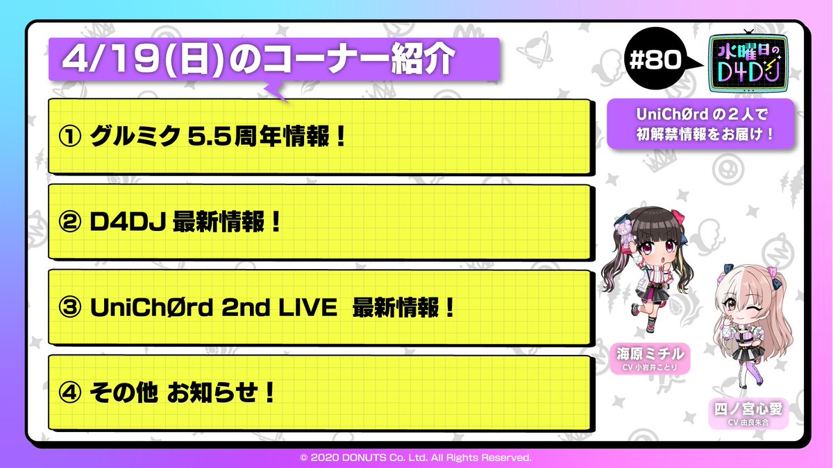 ／
📢「#水曜日のD4DJ」#80
4月19日(日)15:00 生放送✨
＼

グルミク5.5周年&amp;UniChØrd 2nd LIVE
最新情報をお届け❣️

📝出演
小岩井ことり、由良朱合

📺配信URL
youtube.com/live/7rklS7g2x…

#D4DJ #グルミク #D4DJ公式FC