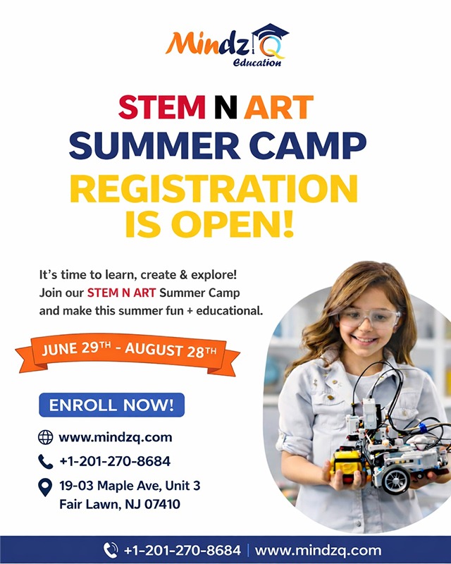 MindzQEducation's tweet image. This summer, give your child more than just fun—giv
At MindzQ’s STEM N ART Camp, kids build, create &amp;amp; explore through hands-on learning 🤖
📅 June 29 – Aug 28
📍 Fair Lawn, NJ
⏳ Limited Seats
👉 mindzq.com
📞 +1-201-270-8684
#STEMCamp #KidsLearning #MindzQEducation