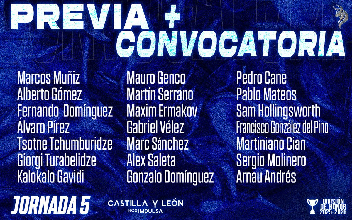 VRAC's tweet image. PREVIA y CONVOCATORIA | 5ª  Jornada de la segunda fase de DH
💙Partido de alto nivel con poco en juego💙

⏰ 12:30
🏟️Bienvenido Nieto 

📺 Directo en la biografía
🔗 vracrugby.com/el-deporte-val… 

#DH #VRAC #CYLnosImpulsa