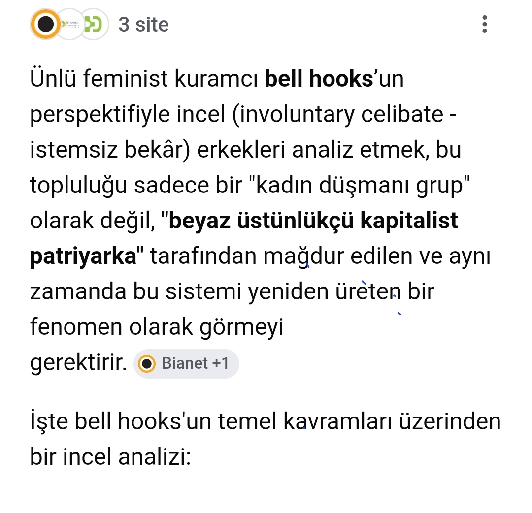ali_riza_90's tweet image. Yapay zekaya incel erkeklerin bell hooks perspektifiyle analizini sorunca 1.5 yil önce yapilan bu röportaja referansla zincirde paylasacağım bilgileri verdi:

#bellhooks
#incelerkekleri
#patriyarka
#patriyarkalsiddet
#feminizm
#esitlik
#özgürlük
1 +