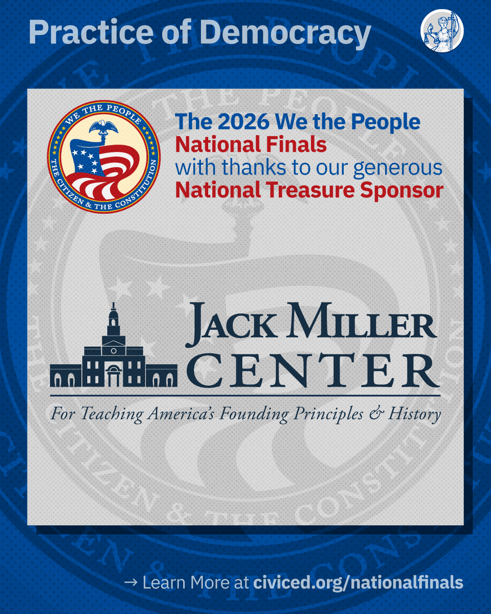 CivicEducation's tweet photo. Behind every student at #WTPFinals is something bigger than preparation.
It’s partnership.
Thank you to the @BRInstitute and The Jack Miller Center, our National Treasure Sponsors.
#America250 https://t.co/vXn447Wd9P