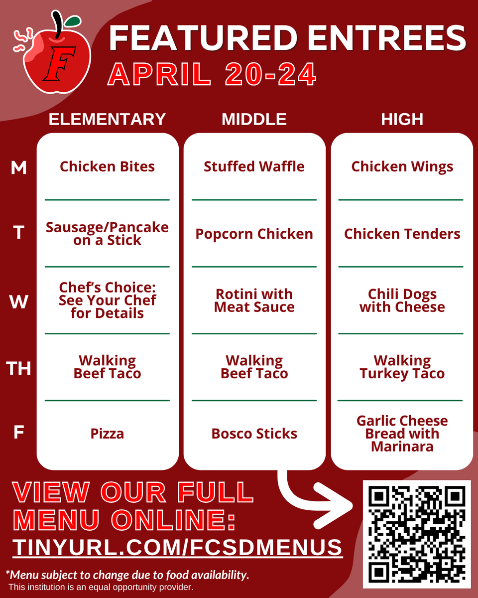 FCSDFoodService's tweet photo. Hey there, @FCSDNews parents and guardians! Elevate your child's lunchtime with #SchoolMeals. 💼🥗

Please see our complete menu on our website: https://t.co/J0OwYsqSwe

*Menus are subject to change due to food availability. Thank you for your patience and understanding! https://t.co/Dvg5Pjkjnv