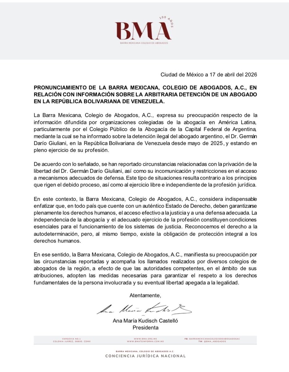 Pronunciamiento de la Barra Mexicana, Colegio de Abogados, A.C., en relación con información sobre la arbitraria detención de un abogado en la República Bolivariana de Venezuela.