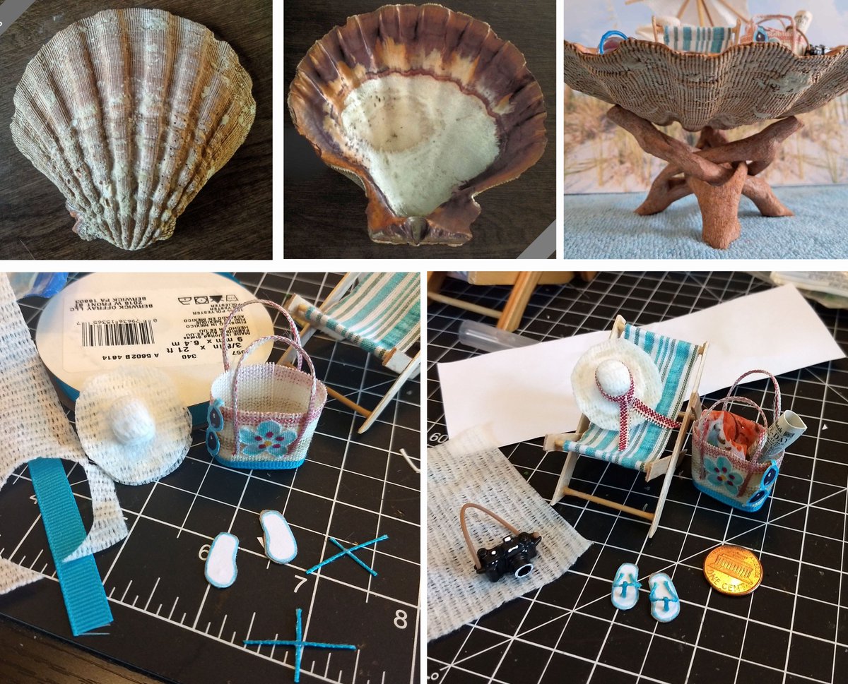 BevCross1's tweet image. Built inside a 5" Bear Paw shell—from bits of paper, gauze, fabric, stir sticks and a drink umbrella.  The penny's for scale (those flip-flops were ridiculously tiny to construct). Had a baggy of sand sent to me from Marco Island for this. 
Staged and photographed. #BeachDay 🌴