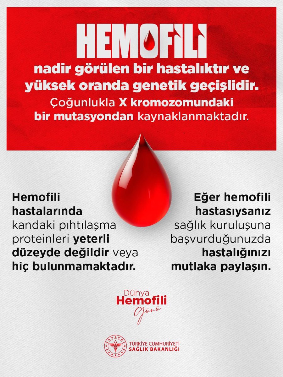 Hemofili nadir görülen bir hastalıktır ve yüksek oranda genetik geçişlidir. Çoğunlukla X kromozomundaki bir mutasyondan kaynaklanmaktadır. 

#DünyaHemofiliGünü