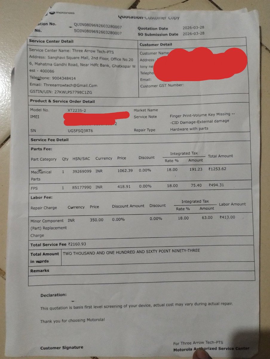 Ugesh108's tweet photo. @motorolaindia
@Moto_Support 
@GyanTherapy
@GISSupport
@shivamranjan
I recently visited motorola service center on 28March on service Camp day.
But it didn't go well. instead of gaining trust motorola did opposite. Waited More than 2 weeks, issue unresolved and declined in end .. https://t.co/yXikww6rFn