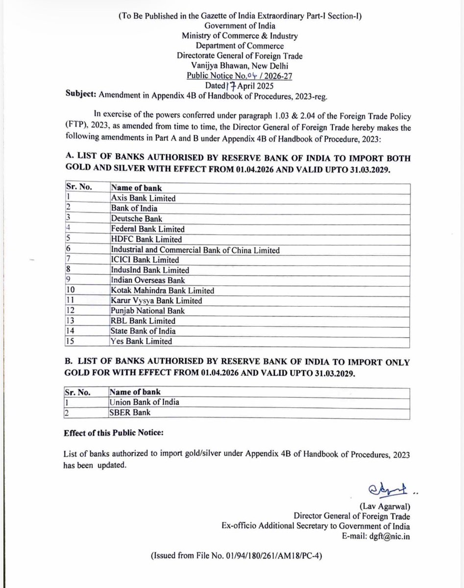 गोल्ड इंपोर्ट का रास्ता हुआ साफ
DGFT ने नोटिफिकेशन किया 
31 मार्च 2029 तक गोल़्ड सिल्वर इंपोर्ट का लाइसेंस मिला
#Goldimport 
#Gold 
<a href="/dgftindia/">DGFT</a>