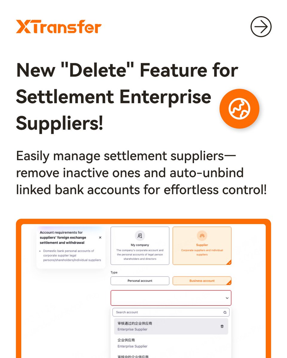 XTransferGlobal's tweet photo. 🚀Product Updates — What’s New in April

⚡Smarter supplier managementRemove inactive suppliers and unlink accounts in one go💼

🔍 Enhanced verification experienceReal-time prompts help you catch and fix issues faster📝
✨ Built for smoother, more efficient operations https://t.co/POLcY1Xp7p