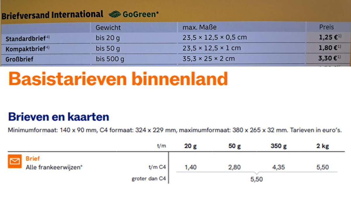 ds_Ernst's tweet photo. Mijn 177e kwartaalzending #postzegels uit #Duitsland is weer binnen.
Krijg ik er een tarievenfolder bij.
Zie ik dat het goedkoper is om je brieven via de #DeutschePost naar #Nederland te versturen dan via #PostNL.
Scheelt € 0,15 tot € € 1,05 per brief. https://t.co/nSsLXq9oug