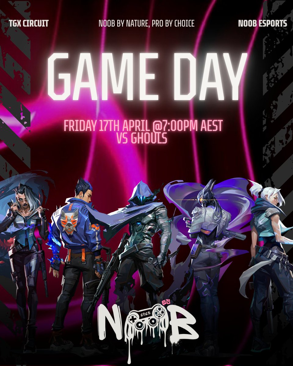 noob_esports's tweet photo. 🔥 GAME DAY 🔥
NOOB VALORANT vs Ghouls
TXG Valorant Circuit
🕖 7:00pm AEST (not streamed)
Time to show up. #NOOB 💪
#NoobEsports #VALORANT #TXG #GameDay #Oceania https://t.co/gHzm5fwCDu