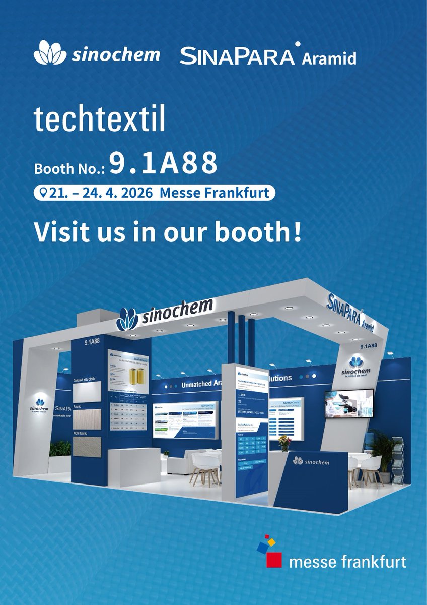 Sinochem_intl's tweet photo. Heading to Techtextil Frankfurt next week? 👀

Don't miss Sinochem Sinapara® para-aramid at Booth 9.1A88! Our experts will be on hand to discuss custom para-aramid solutions for your toughest challenges.

Drop a 🔥below if you'll be there!

#Techtextil2026 #TechnicalTextiles https://t.co/yND34r7uv7