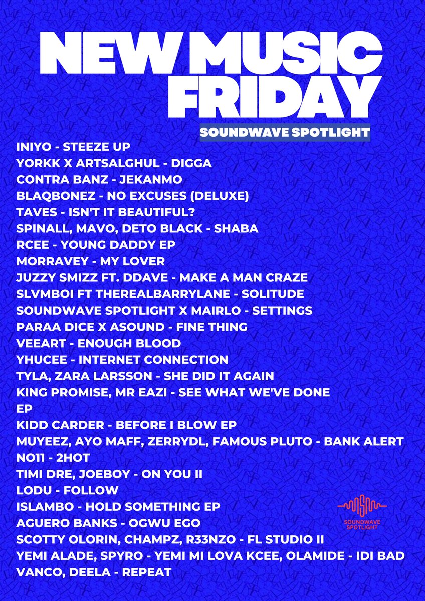 🚨NEW MUSIC FRIDAY
📸 Cover Artist: @aqtadese 
🔗  music.apple.com/ng/playlist/so…

Iniyo - steeze up
Yorkk x ARTSALGHUL - Digga
Contra Banz - JEKANMO
Blaqbonez - No Excuses (Deluxe)
Taves - Isn't It Beautiful?
Spinall, Mavo, Deto Black - Shaba
Rcee - Young Daddy EP