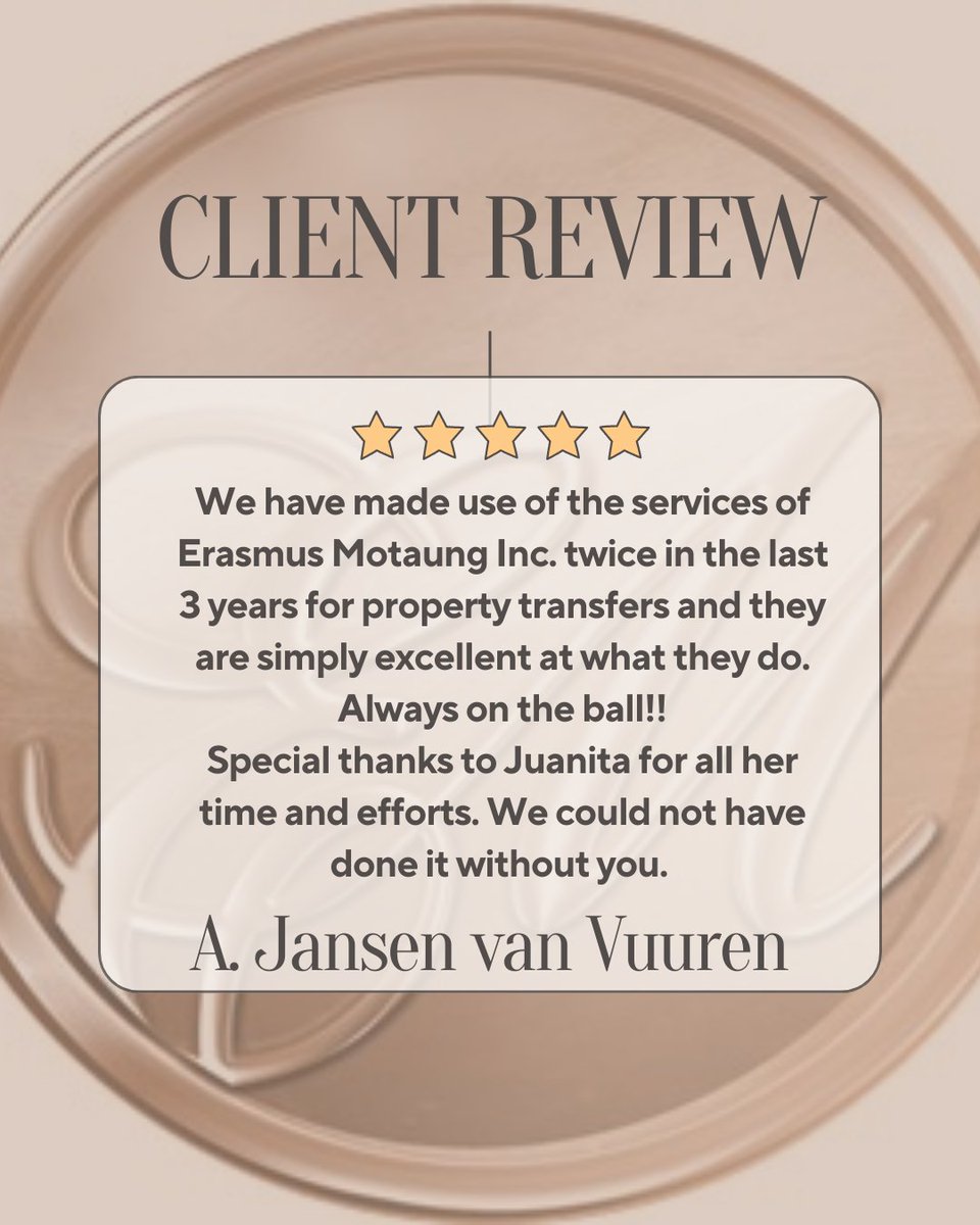 Erasmus_Motaung's tweet image. 💫5 STAR-TESTIMONIAL TUESDAY💫

🥳Congratulations Juanita for once again being a shining star in our firm. We appreciate you! 🤎

#ClientSatisfaction #ClientReview #ServiceExcellence #LawFirm #Conveyancers #Notaries #Attorneys #TestimonialTuesday #ClientFeedback