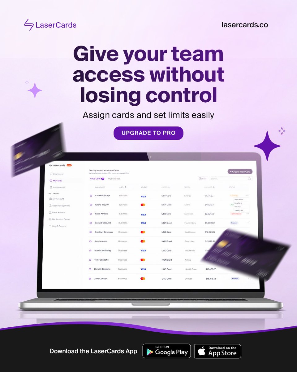 lasercardsco's tweet photo. Give your team the access they need while you stay in control.

Upgrade to Pro for free and create up to 5 cards for your team, all in one place. 

Assign cards, set limits, and track every expense easily with LaserCards. https://t.co/wR2FHwSpzX