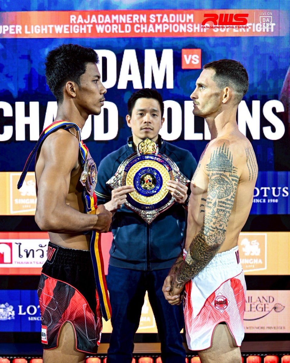 RISE_2003's tweet image. 【RISE世界王者がラジャ王座に挑戦】

⏳開催まであと1日！
⚖️前日計量結果

👑ラジャダムナンスタジアム認定スーパーライト級(63.5kg)タイトルマッチ
🇹🇭ダム(王者)
⚖️63.2kg
🇦🇺チャド・コリンズ(挑戦者)
⚖️62.7kg

🗓️4月18日(土) 21:10
🏟️タイ･ラジャダムナンスタジアム
📡 DAZNにて生配信