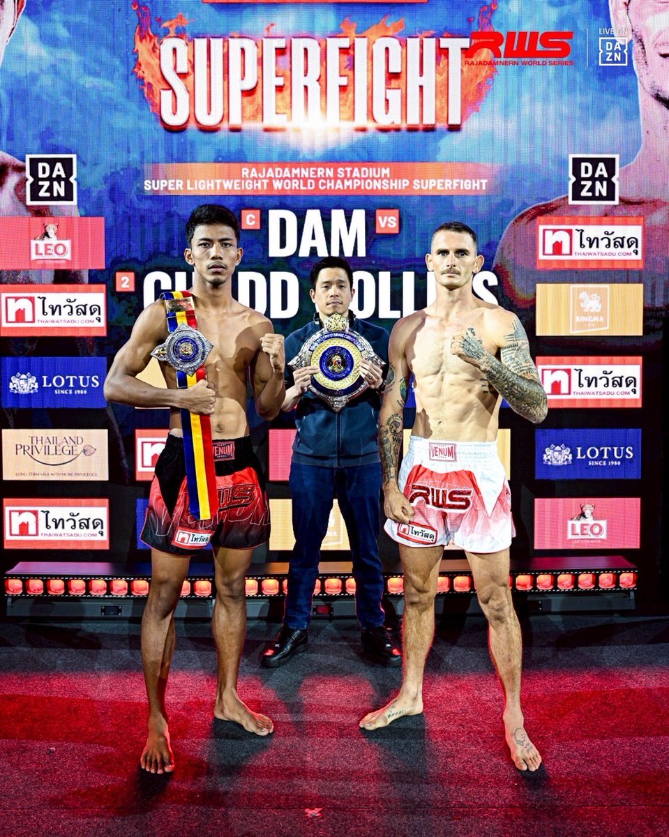 RISE_2003's tweet image. 【RISE世界王者がラジャ王座に挑戦】

⏳開催まであと1日！
⚖️前日計量結果

👑ラジャダムナンスタジアム認定スーパーライト級(63.5kg)タイトルマッチ
🇹🇭ダム(王者)
⚖️63.2kg
🇦🇺チャド・コリンズ(挑戦者)
⚖️62.7kg

🗓️4月18日(土) 21:10
🏟️タイ･ラジャダムナンスタジアム
📡 DAZNにて生配信