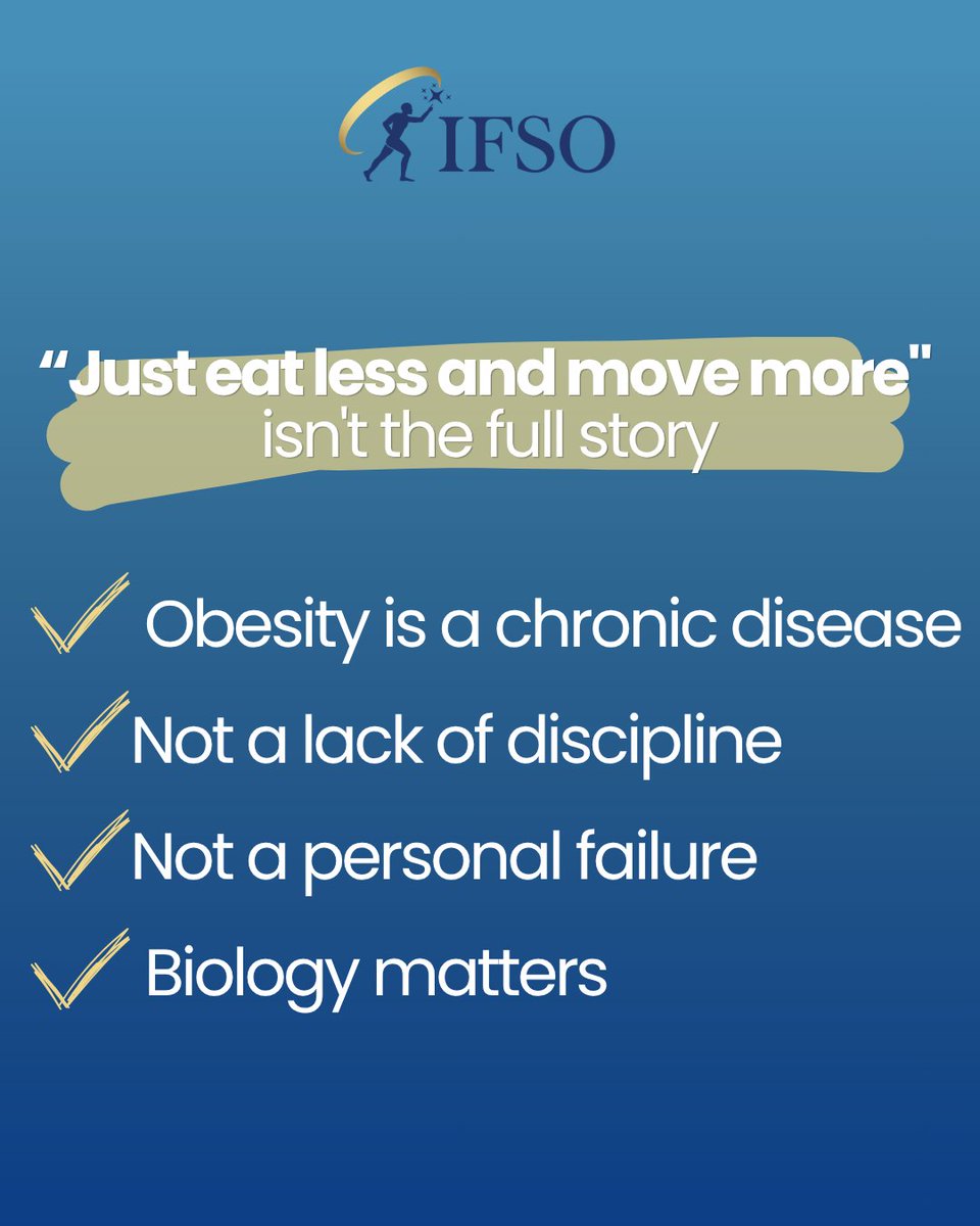 IfsoSecretariat's tweet image. "Just eat less and move more" is a harmful myth.
 
Obesity is a chronic disease driven by biology your body resists weight loss by increasing hunger and slowing metabolism. 

Regain isn’t failure. Meds &amp;amp; MBS are evidence-based tools. Time to treat obesity properly 

#pt1