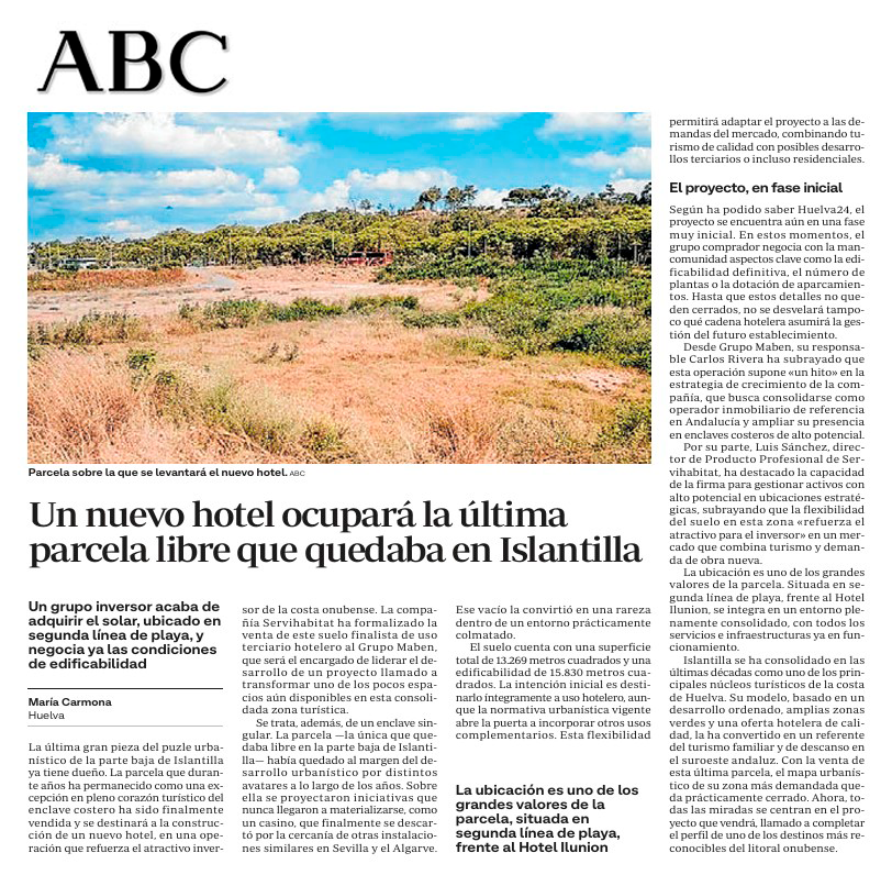 SVH_Corp's tweet image. Varios medios, entre ellos ABC Andalucía en su versión impresa, se han hecho eco de la reciente de la venta de una parcela de #suelo estratégico en Islantilla (Huelva).