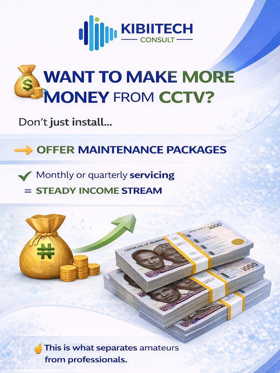 kibiitech1's tweet photo. ⚡ Real CCTV Professionals don’t depend on one-time jobs.

They build income with maintenance packages.

💡 Think long-term. Earn consistently.

📩 Partner with us today.

#CCTV #TechSkills #SecurityExperts #CCTVInstallation
#KIBIITECHCONSULT https://t.co/g9RQD3Uxl3