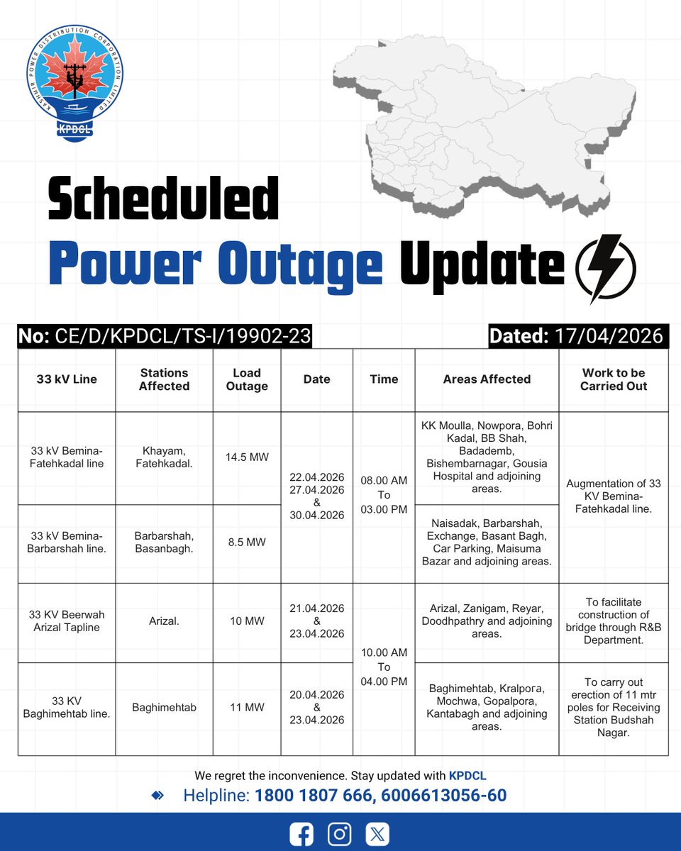 kpdcloffice's tweet image. Scheduled Power Shutdown Update of 33 KV Line.

Stay prepared!

We regret the inconvenience caused.

#KPDCL #SHUTDOWN

@CM_JnK @OfficeOfLGJandK @diprjk @nasirsogami @DivComKash @GreaterKashmir @RisingKashmir