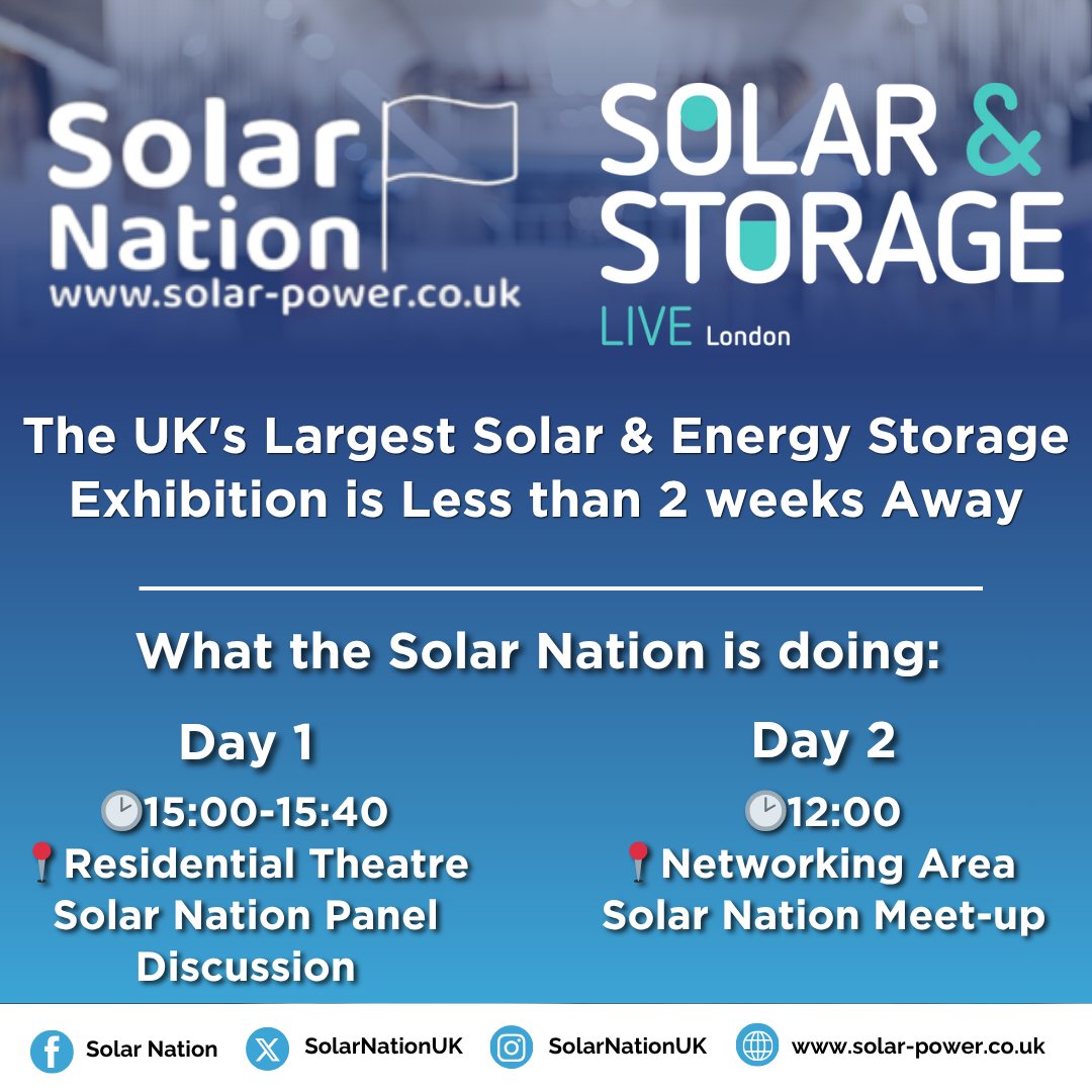 SolarNationUK's tweet photo. Solar &amp; Storage Live is less than a month away!

We're excited to see all of our members and all of the manufacturers and exhibitors to see the many innovations and services the industry has to offer!

Book your free ticket here- https://t.co/PoQDYrANzS https://t.co/yZzhcBT8ok
