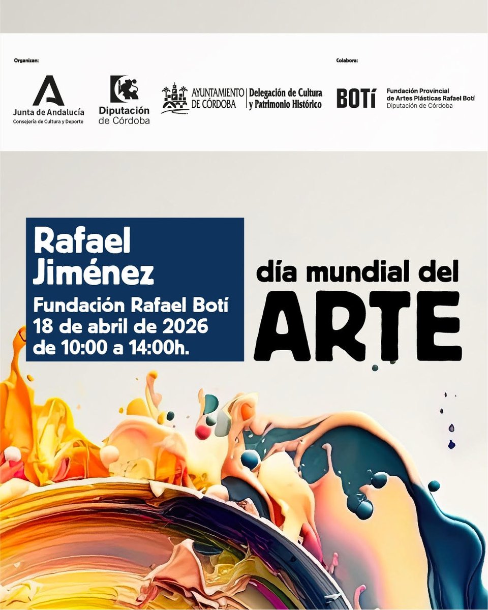 La <a href="/dipucordoba/">Diputación de Córdoba</a> y la @fundacionrafaelboti  se suman al Día Mundial del Arte con la performance de Rafael Jiménez.

¿Te animas?

Recuerda: de 10 a 14 horas en el Centro de Arte ubicado en la calle Manríquez, 5 de Córdoba.
