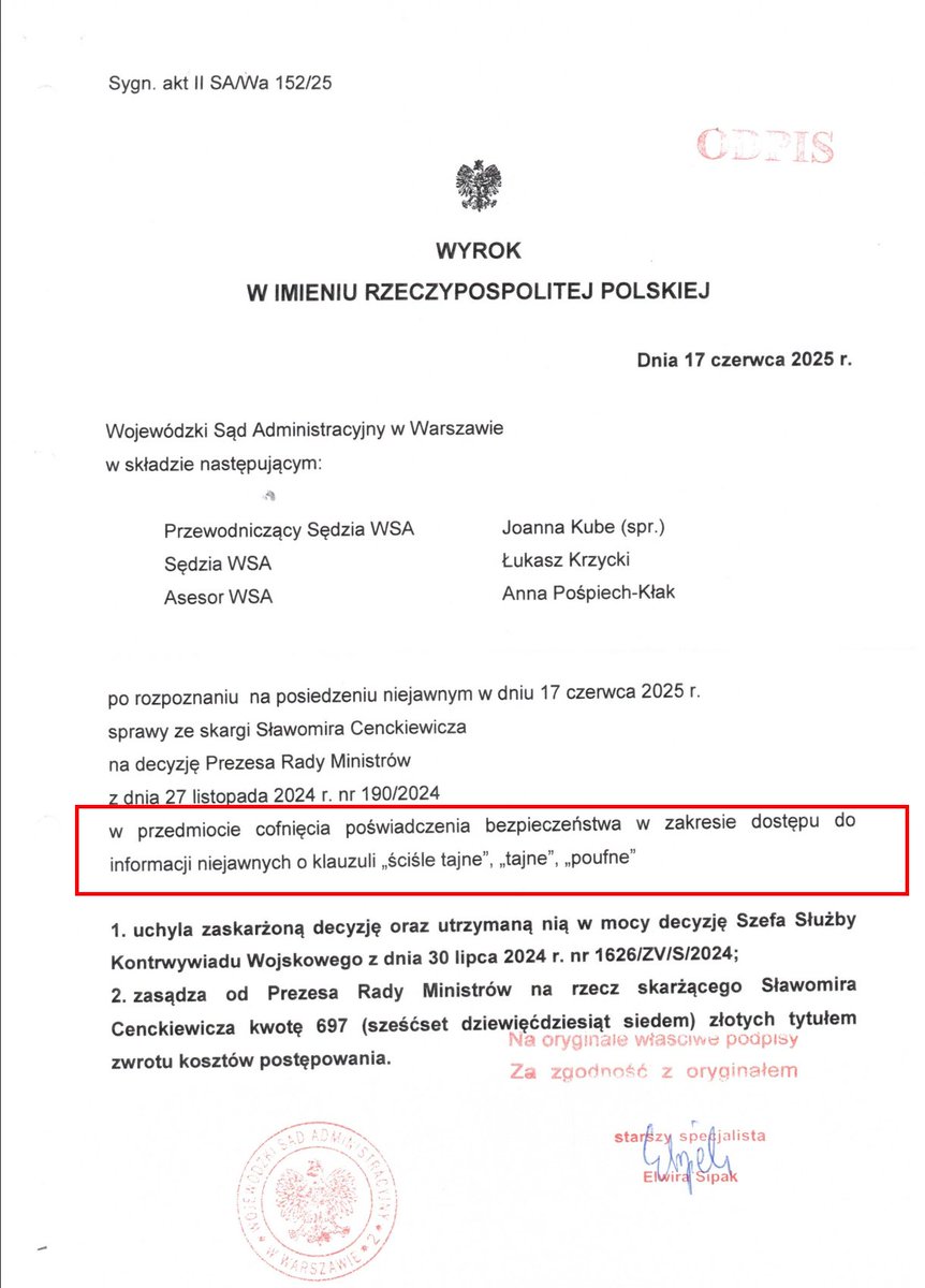 Proszę znaleźć w wyroku WSA ws. <a href="/Cenckiewicz/">Sławomir Cenckiewicz</a>, który przedwczoraj podtrzymał NSA, słowo "zastrzeżone". 
Pomogę - nie ma.  
Chyba rozumiecie co to znaczy i jaka wartość ma to "postępowanie w sprawie"?