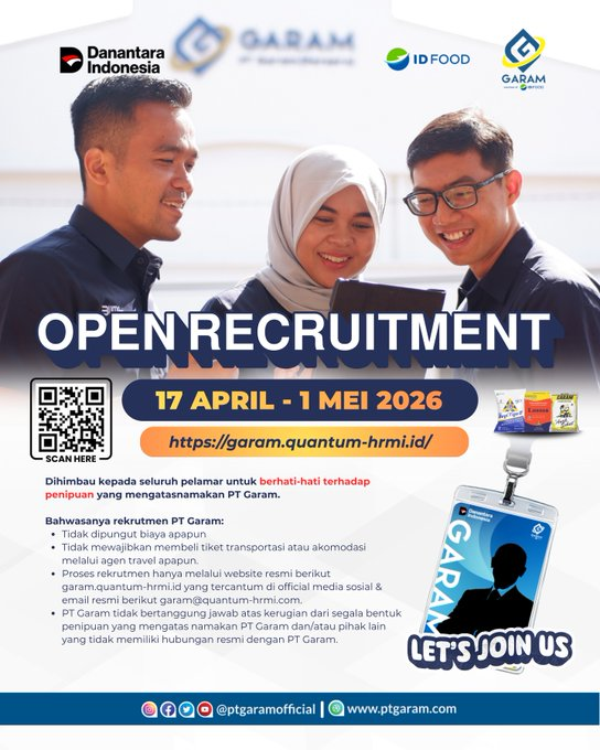 temankerjaaa's tweet photo. 🚨 INFO LOKER: PT. GUDANG GARAM 🚨

PT. Gudang Garam sedang membuka kesempatan karir! Pendaftaran dibuka mulai HARI INI (17 April) hingga 1 Mei 2026.

Pendaftaran resmi HANYA melalui link berikut: 🔗 https://t.co/DgDV5gTe7N

⚠️ PENTING: Hati-hati penipuan! Rekrutmen ini 100% GRATIS dan tidak bekerja sama dengan agen travel mana pun.