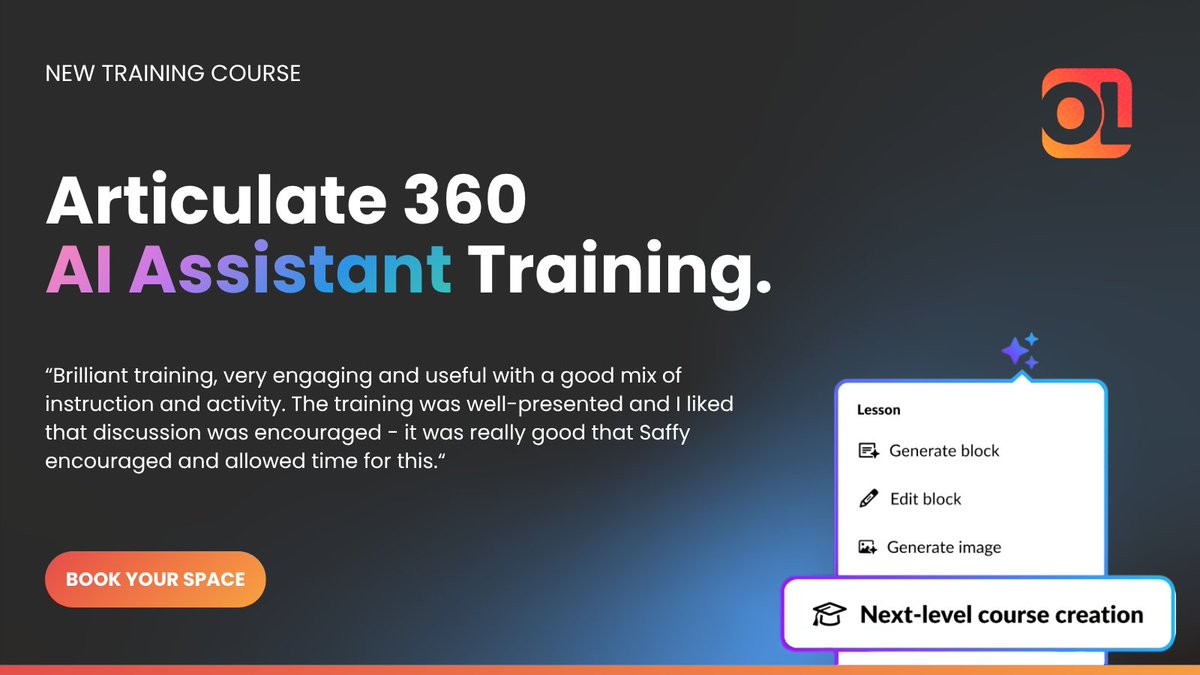 OmniplexeLearn's tweet image. Our new Articulate 360 AI Assistant Training is built around doing real scenarios in Storyline, interactive builds in Rise, and hands-on time with AI in actual workflows.

📅 Dates available through 2026
🔗 Book here: eu1.hubs.ly/H0tBKN30

#Articulate360 #AIAssistant