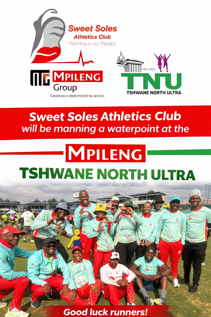 SweetSolesAC's tweet photo. Sweet Soles AC will be manning a Waterpoint for 21km race at the Mpileng Tshwane North Ultra this Saturday, 18 April 2026.We’ve got water, cold coke, and loud cheers ready for every runner. Come past and feel the love!  
 #SweetSolesAC  #TshwaneNorthUltra https://t.co/4Zq2UbwICC