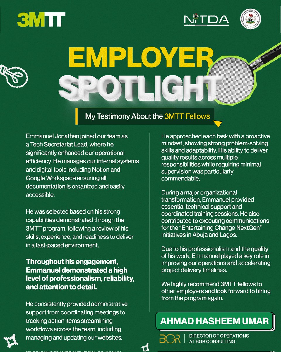 3MTTNigeria's tweet image. Real impact. Real results.
3MTT fellows are delivering.
Emmanuel is proof: talent + opportunity = transformation.

#3MTT #EmployerSpotlight #TechTalent #NigeriaIsLeading