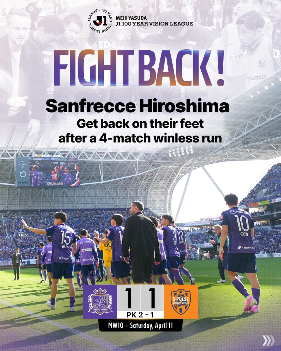 J_League_En's tweet image. Sanfrecce Hiroshima ended their 4-match losing streak 💜
Can they make it 3 wins in a row by taking advantage of playing at home in Matchweek 11 and Matchweek 12? 🏹🏹🏹

#JLEAGUE 
#football 
#sanfrecce
