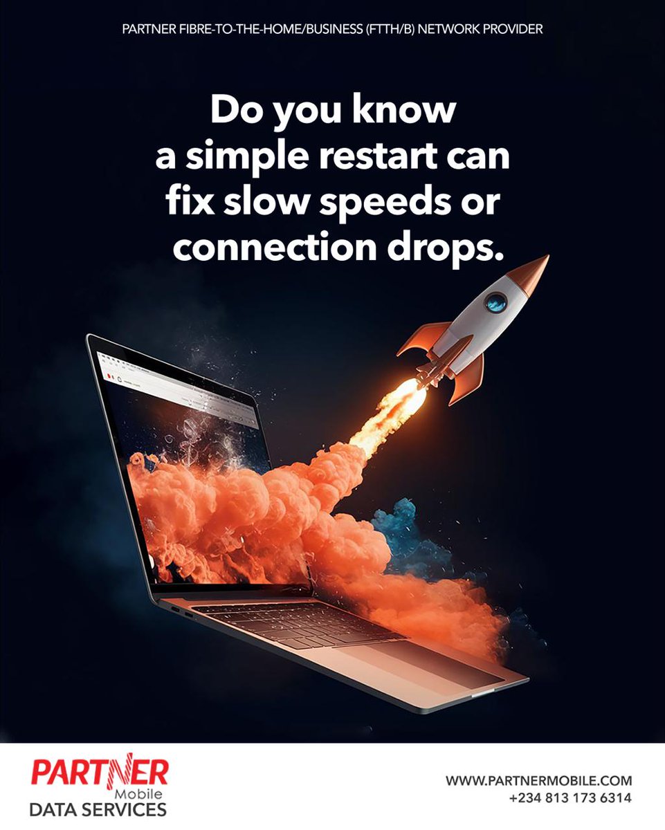 PartnerFtth's tweet photo. Experiencing slow speeds or connection drop? A quick system restart can often resolve minor network issues and restore performance. 

Try this simple step today and improve your connection. 

#PartnerFTTH #networktips #internetservices #wifisolutions https://t.co/8RncNMYsga