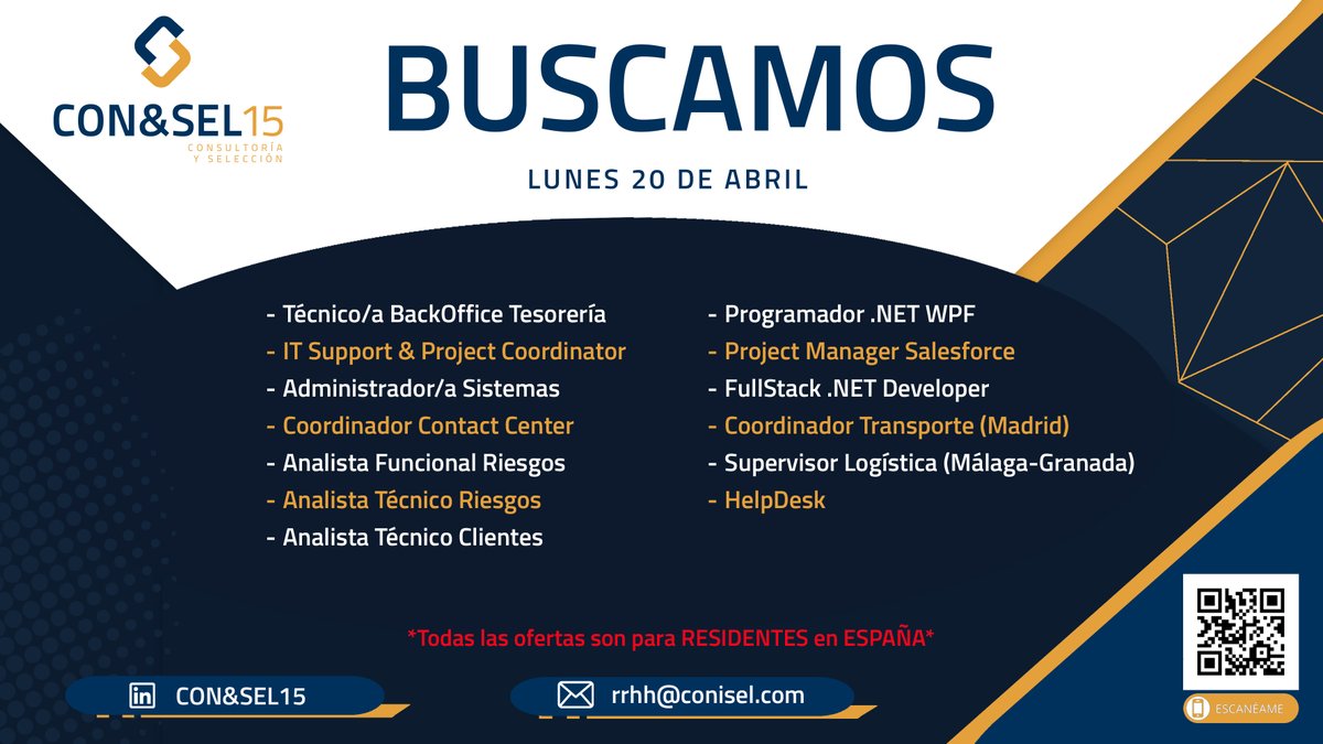 Buenos días #comunidad !!

🚀 ¿Buscas un nuevo reto profesional?

Aquí tienes nuestro resumen semanal de ofertas laborales🌟
Nuevas oportunidades, nuevos proyectos y nuevos comienzos.

📌Solo para personas residentes en España

#OfertasLaborales #EmpleoEspaña #ConsultoríaRRHH
