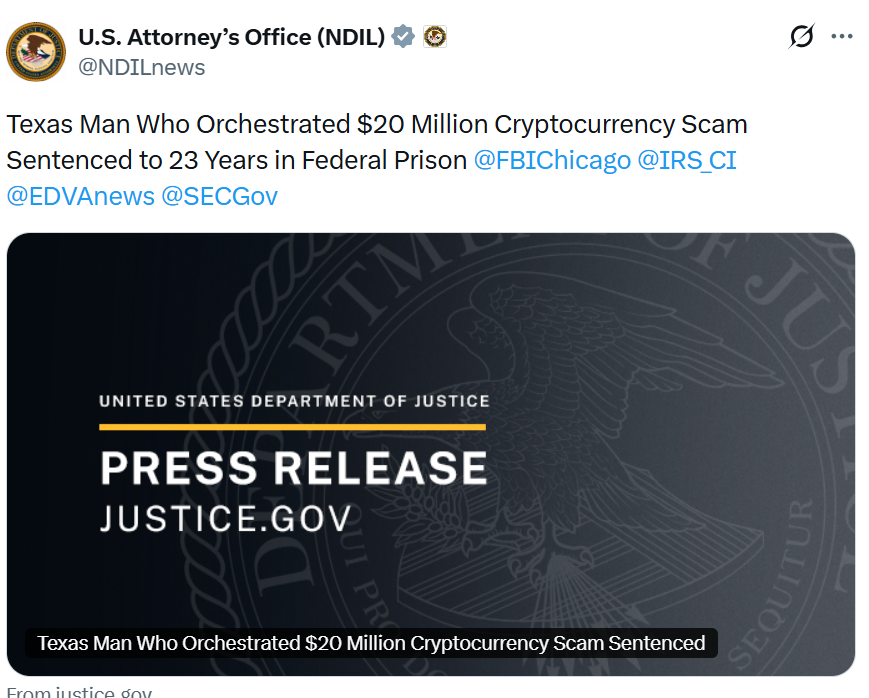 nq6mi's tweet photo. Texas man Robert Dunlap sentenced to 23 years for $20M Meta-1 Coin scam, fake gold & Picasso-backed token, luxury spending, bots inflated volume. SEC froze assets in 2020.
#CryptoScam #SEC #Meta1Coin #Fraud https://t.co/7lC2BdJTDy
